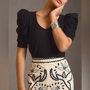 Nation Ltd Celine Puff Sleeve Shirt – Black, V-Neck, Size L